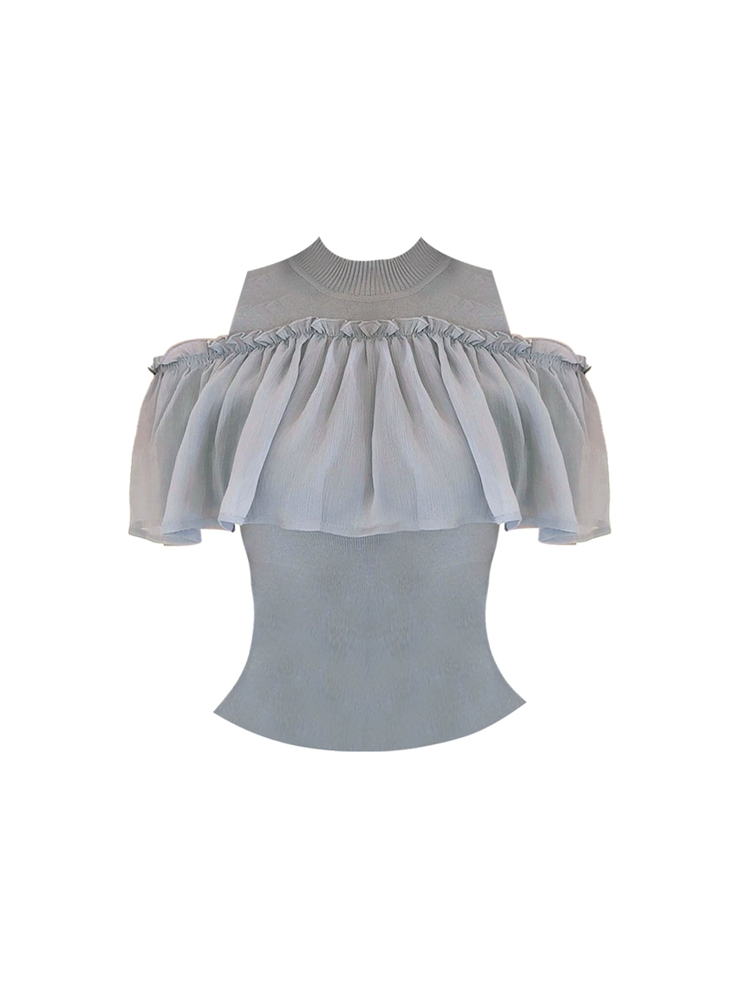Adorable Off-Shoulder Light Blue-Grey 2-Piece Set Mini Skirt Ruffled Knit Bodice Pleated Buttoned A-Line Short Dress AP4828