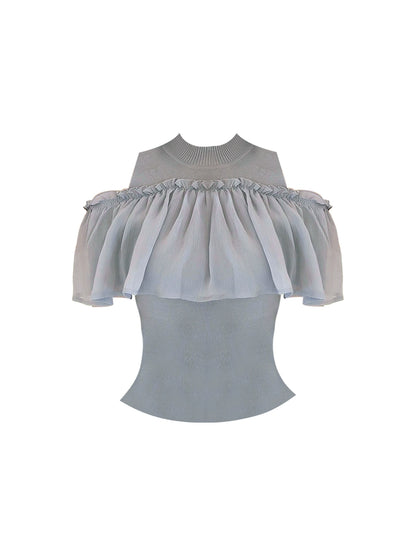 Adorable Off-Shoulder Light Blue-Grey 2-Piece Set Mini Skirt Ruffled Knit Bodice Pleated Buttoned A-Line Short Dress AP4828