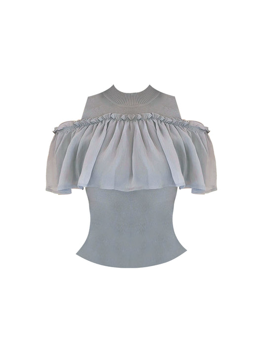 Adorable Off-Shoulder Light Blue-Grey 2-Piece Set Mini Skirt Ruffled Knit Bodice Pleated Buttoned A-Line Short Dress AP4828