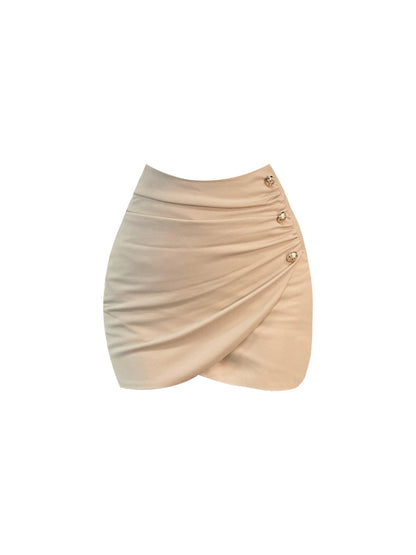 Playful Beaded Top Ruched Gold-Buttoned Mini Skirt Elegant Beige 2-Piece Outfit Bodycon Halter Short Dress AP4829