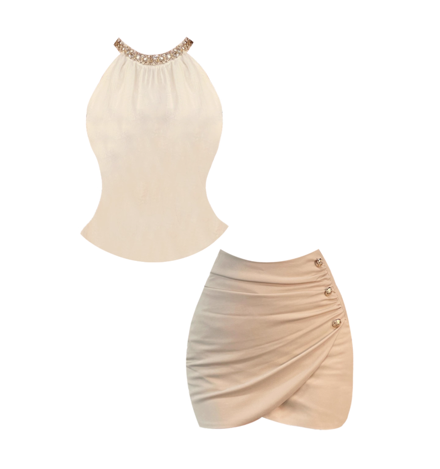 Playful Beaded Top Ruched Gold-Buttoned Mini Skirt Elegant Beige 2-Piece Outfit Bodycon Halter Short Dress AP4829