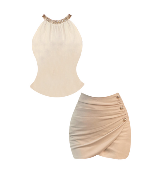 Playful Beaded Top Ruched Gold-Buttoned Mini Skirt Elegant Beige 2-Piece Outfit Bodycon Halter Short Dress AP4829