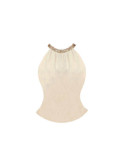 Playful Beaded Top Ruched Gold-Buttoned Mini Skirt Elegant Beige 2-Piece Outfit Bodycon Halter Short Dress AP4829