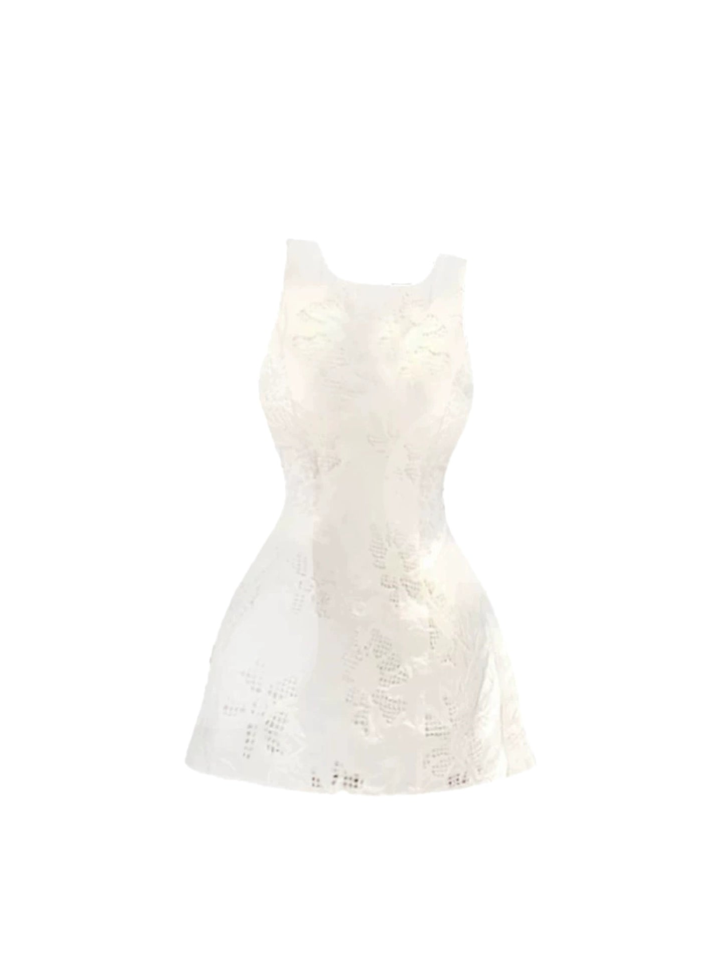 Stylish Beige Sleeveless Crew Neck Mini Skirt Intricate Cutout Lace Pattern A-Line Short Dress AP4830