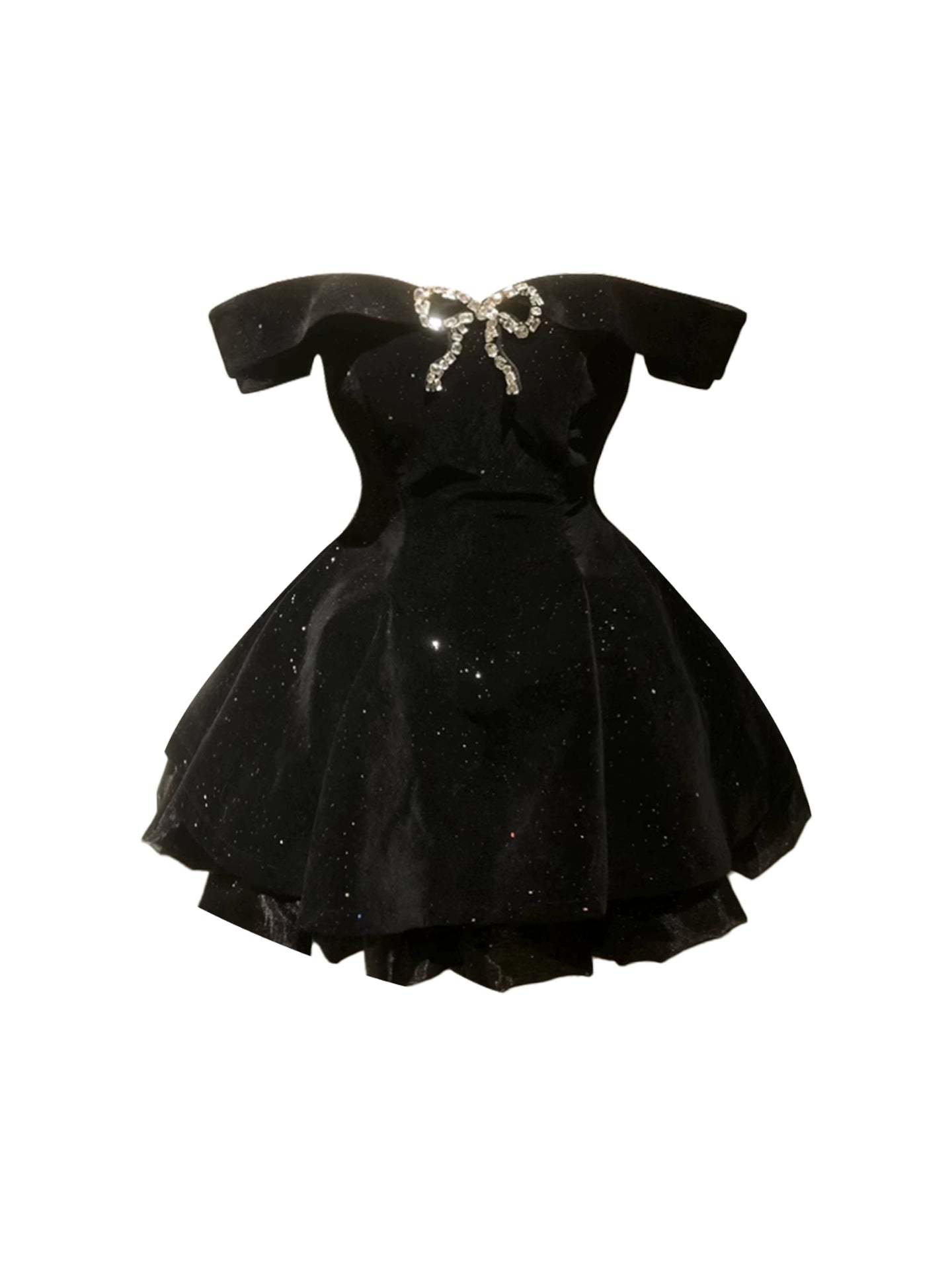 Fitted A-Line Rhinestone Bow Accent Flared Mini Skirt Black Glittering Off-Shoulder Short Dress AP4831