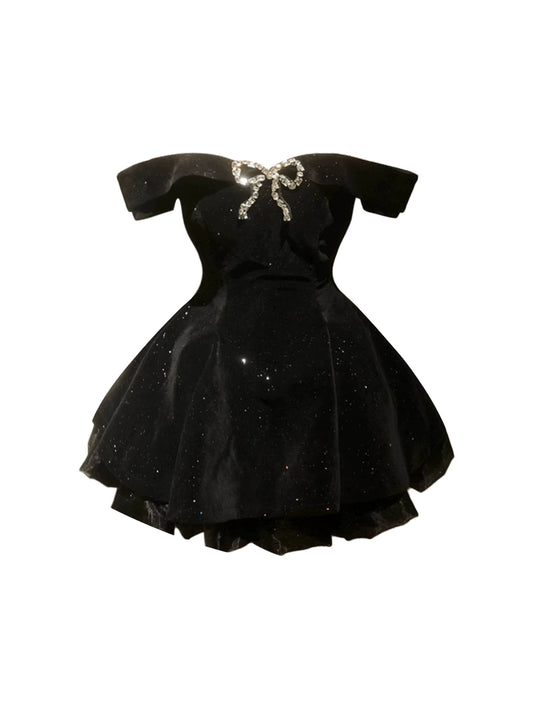 Fitted A-Line Rhinestone Bow Accent Flared Mini Skirt Black Glittering Off-Shoulder Short Dress AP4831