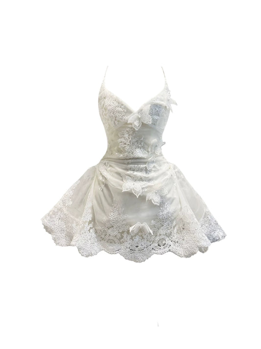 Flattering Spaghetti Strap Intricate Lace White Mini Skirt Dreamy Ruffled Hem 3D Butterfly A-Line Short Dress AP4832