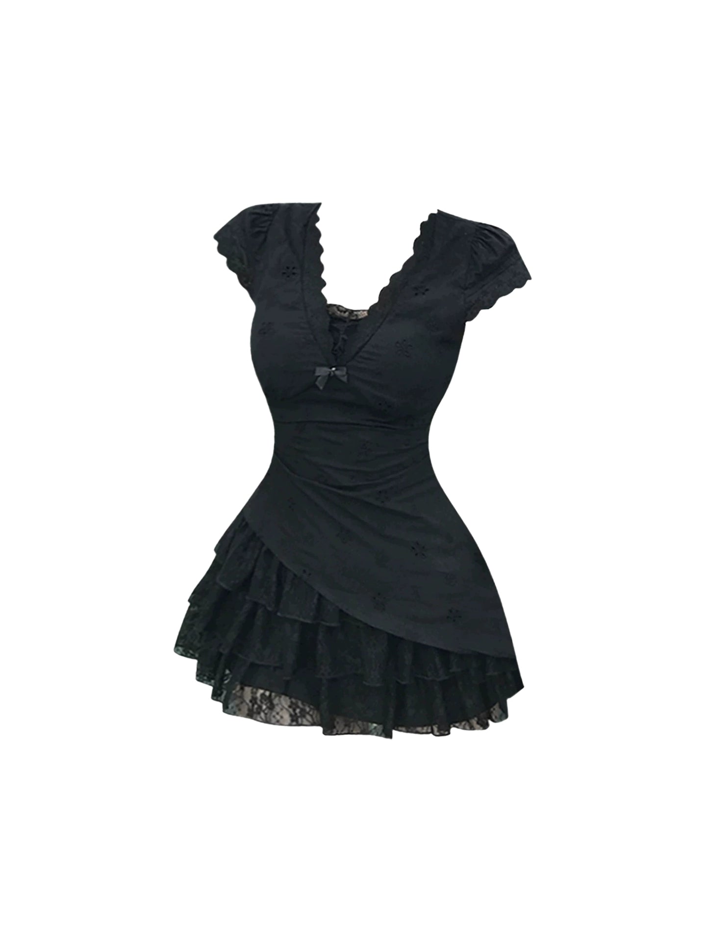 Trendy Bow Detail Scalloped V-Neck Mini Skirt Chic Black Short Sleeve Tiered Lace A-Line Short Dress AP4833