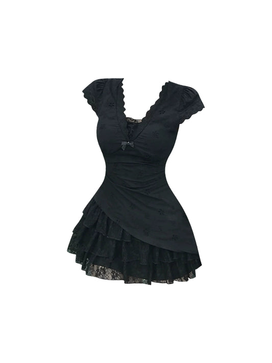 Trendy Bow Detail Scalloped V-Neck Mini Skirt Chic Black Short Sleeve Tiered Lace A-Line Short Dress AP4833