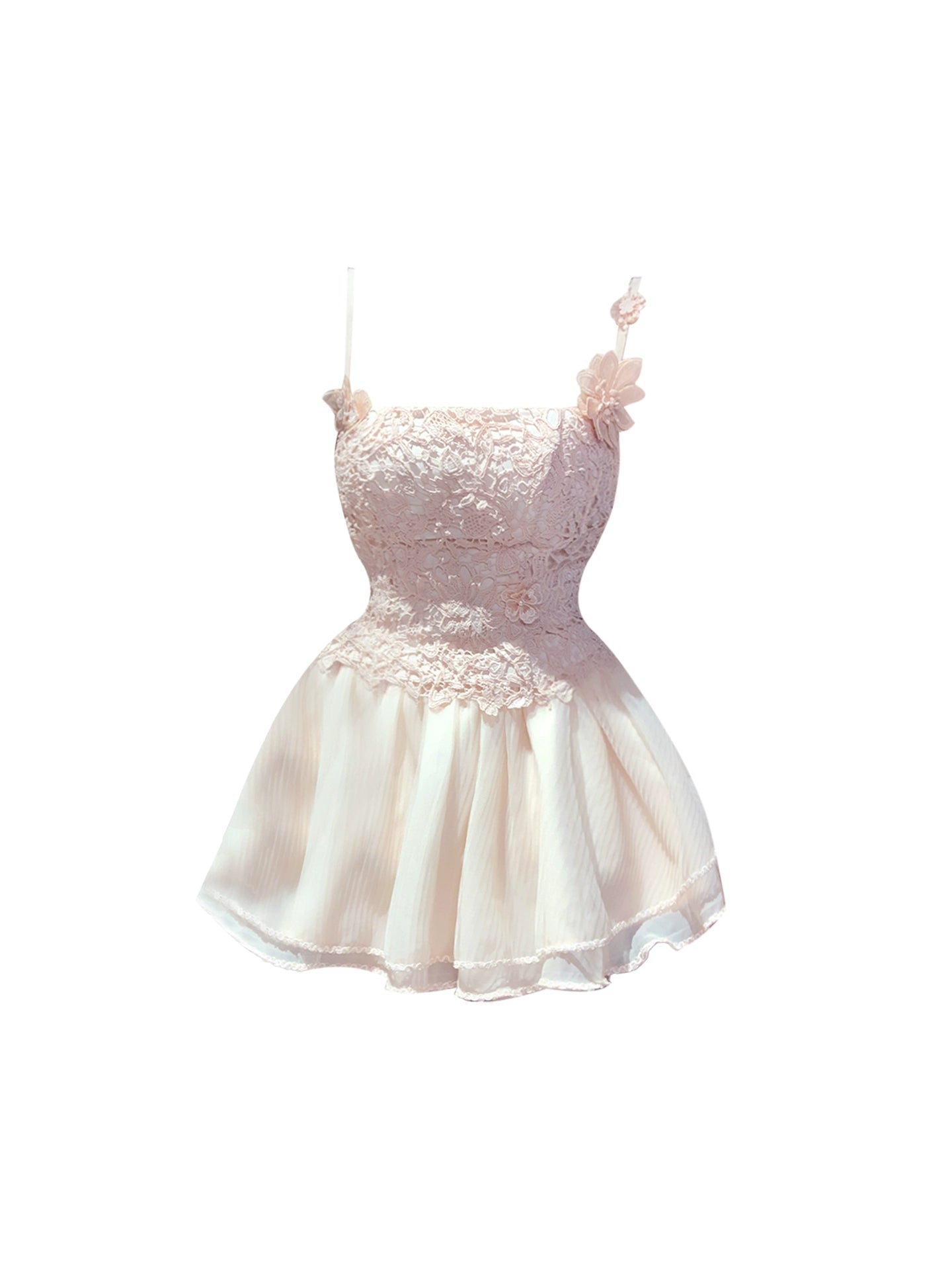 Attractive A-Line Lace Bodice Ruffled Tulle Mini Skirt Dreamy Pastel Pink Spaghetti Straps Flower Details Short Dress AP4834