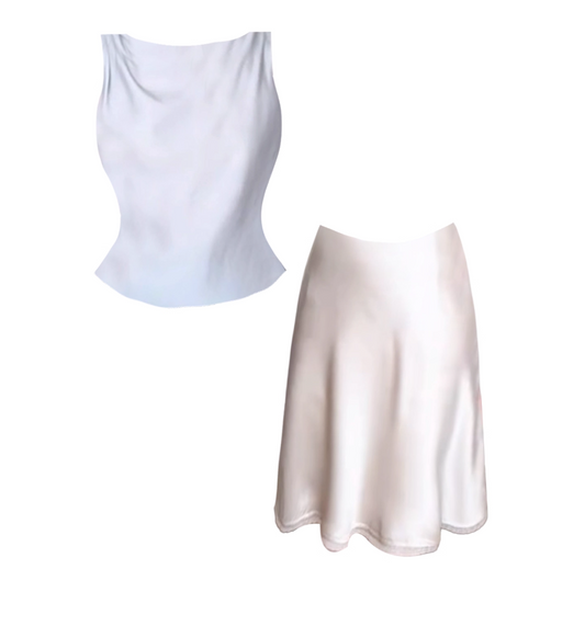 Sexy Sleeveless Cinched Top Boat Neck Mini Skirt Stylish Satin 2-Piece Set A-Line Short Dress AP4835