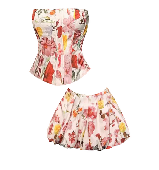 Vogue Corset Top Outdoor Dates Puff A-Line Mini Skirt Vibrant Floral 2-Piece Set Strapless Short Dress AP4836