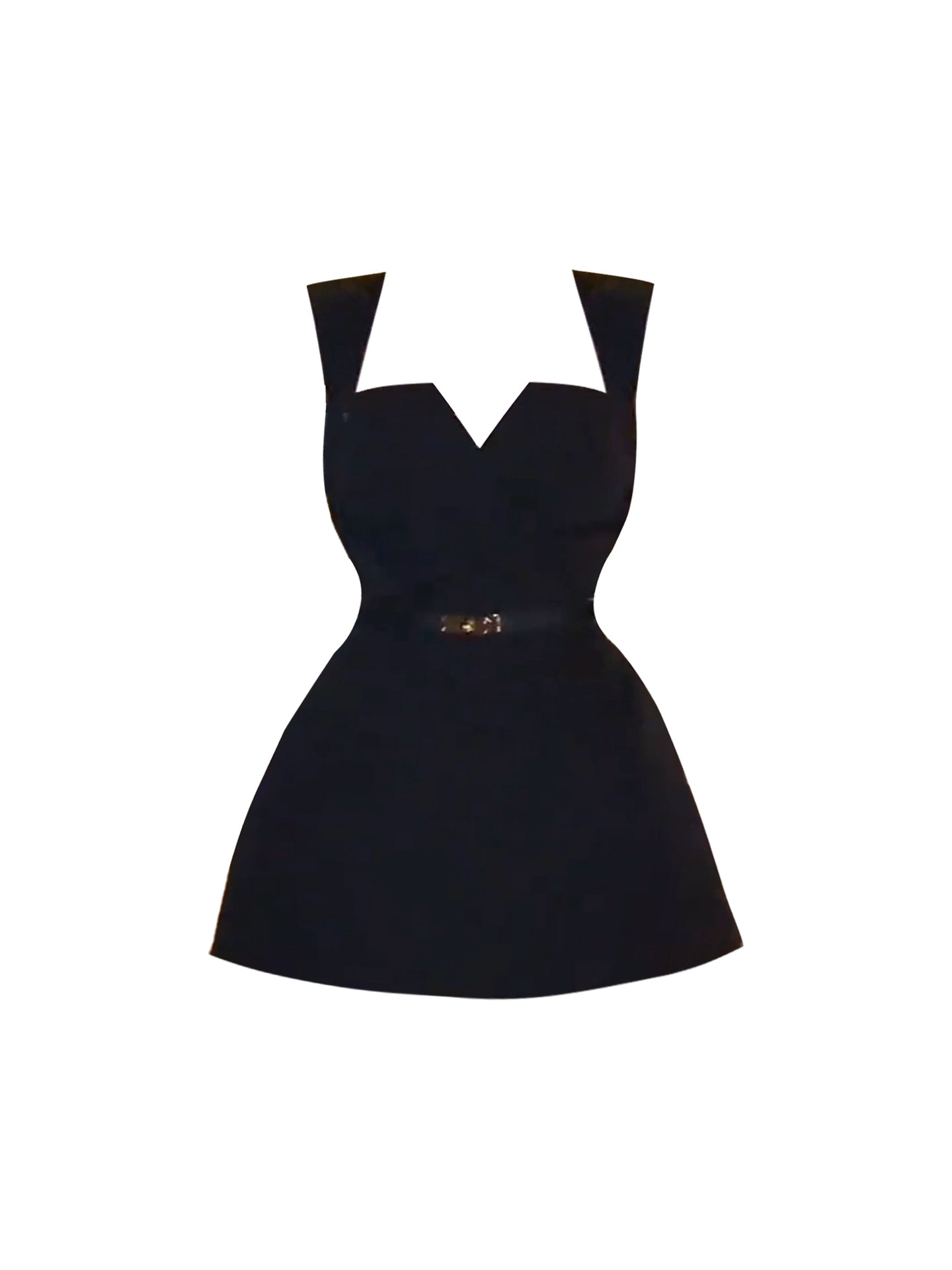Modern Black Sleeveless A-Line Flared Mini Skirt Novelty Square-Heart Cutout Neck Waist Belt Spaghetti Straps Short Dress AP4837