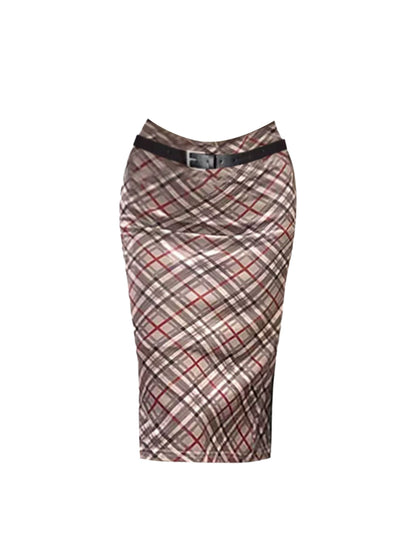Pretty Brown 2-Piece Set Sleeveless Sheath Midi Dress Fitted Tank Top Red-Brown Plaid High Collar Long Dress AP4839