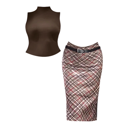 Pretty Brown 2-Piece Set Sleeveless Sheath Midi Dress Fitted Tank Top Red-Brown Plaid High Collar Long Dress AP4839