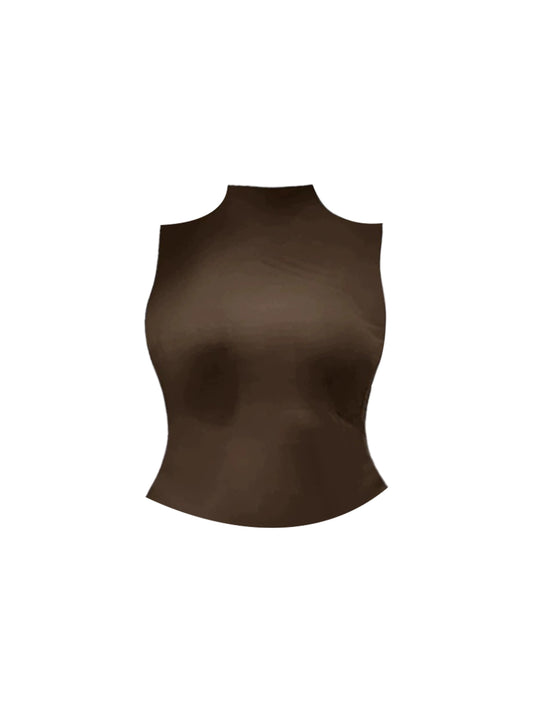 Pretty Brown 2-Piece Set Sleeveless Sheath Midi Dress Fitted Tank Top Red-Brown Plaid High Collar Long Dress AP4839