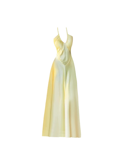 Maximalism Halter Neck Cinched Bodice Backless Cutout Maxi Dress Elegant Pale Yellow A-Line Long Dress AP4840