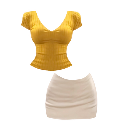 Fancy V Neck Ribbed Knit Top & Ruched Sheath Mini Skirt Chic Yellow-White 2-Piece Outfit Short Sleeves Short Dress AP4841