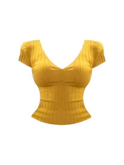 Fancy V Neck Ribbed Knit Top & Ruched Sheath Mini Skirt Chic Yellow-White 2-Piece Outfit Short Sleeves Short Dress AP4841