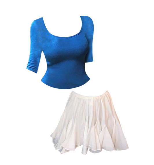 Hot Girls Square Neck Blue-White 2-Piece Outfit Mini Skirt Vogue A-Line 3/4 Sleeve Fitted Top Flowy Short Dress AP4842
