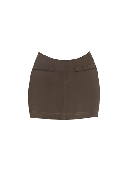 Gen Z Style White & Dark Brown 2-Piece Set Mini Skirt Playful Long Sleeve Buttoned Shirt Fitted Pocket Sheath V Neck Short Dress AP4843