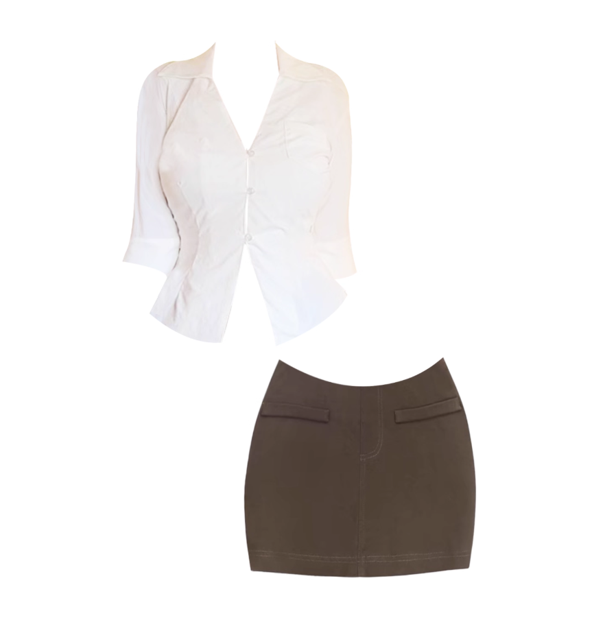 Gen Z Style White & Dark Brown 2-Piece Set Mini Skirt Playful Long Sleeve Buttoned Shirt Fitted Pocket Sheath V Neck Short Dress AP4843