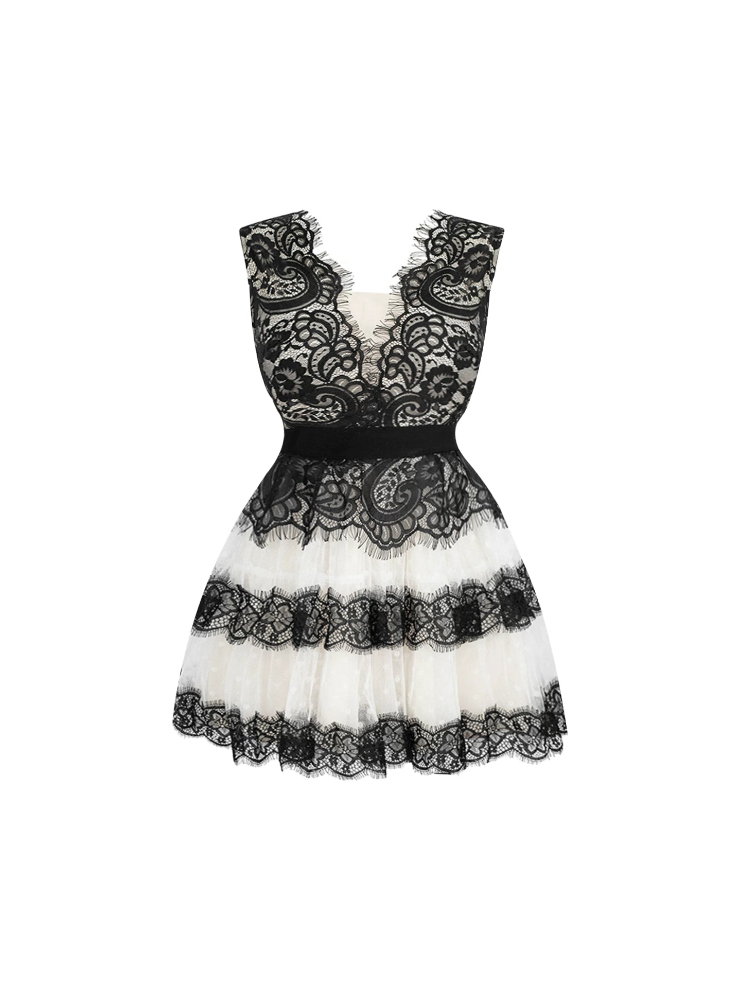 Casual Black & White Sleeveless V Neck Mini Skirt Charming Paisley Lace A-Line Layered Tulle Short Dress AP4845