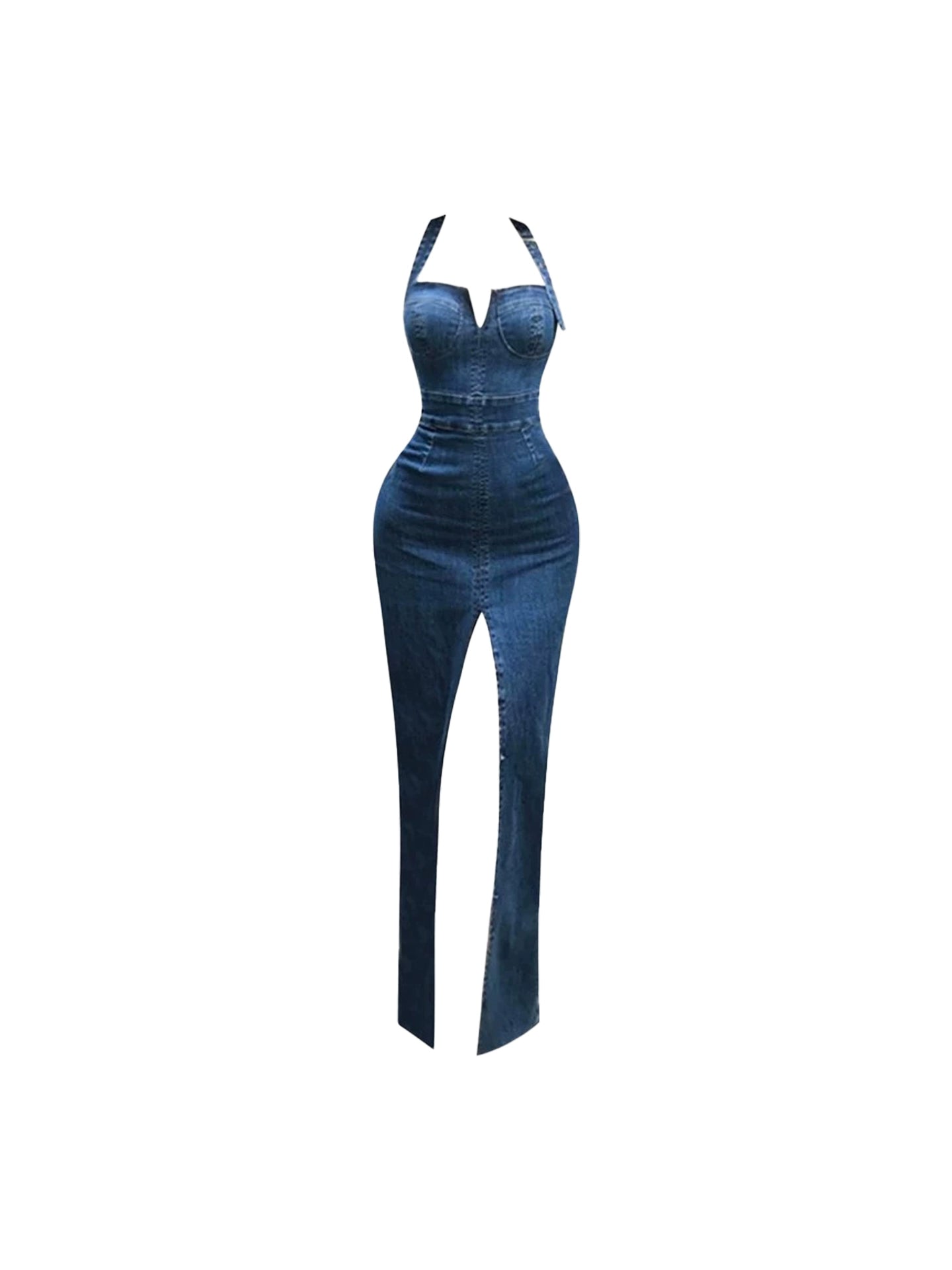 Y2K Style Bustier Deep V Thigh Slit Halter Neck Maxi Dress Chic Dark Blue Denim Sheath Long Dress AP4846