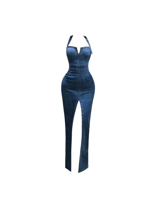 Y2K Style Bustier Deep V Thigh Slit Halter Neck Maxi Dress Chic Dark Blue Denim Sheath Long Dress AP4846