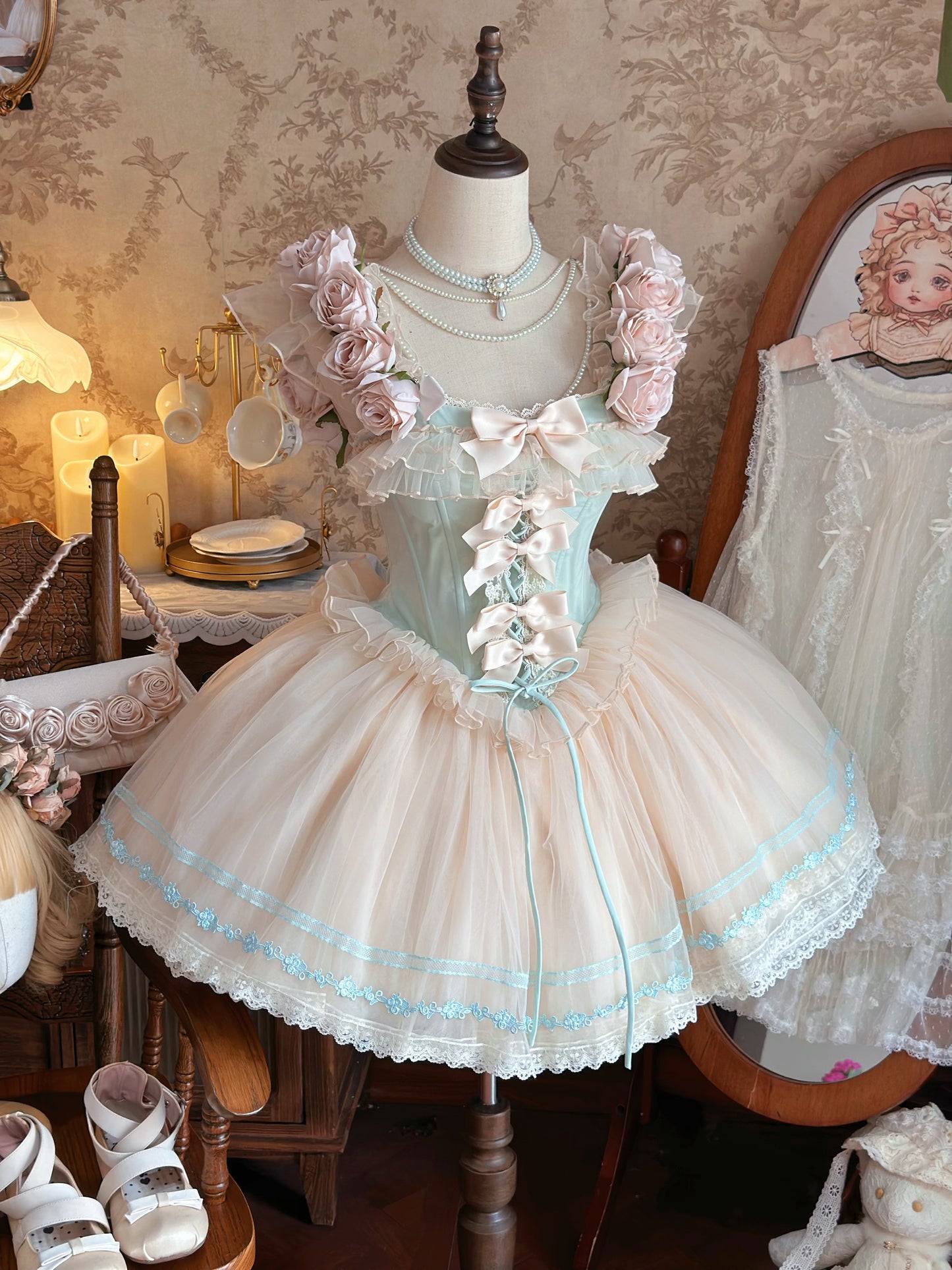 Fairy Off-Shoulder A-Line Layered Tulle Birthday Dresses Appliques Bows Lace Handmade Flowers Homecoming Dress AP4848