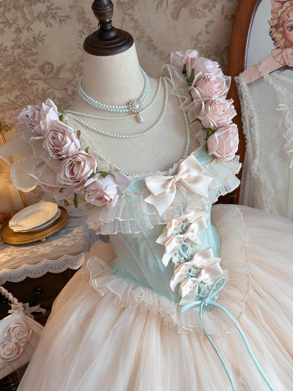 Fairy Off-Shoulder A-Line Layered Tulle Birthday Dresses Appliques Bows Lace Handmade Flowers Homecoming Dress AP4848