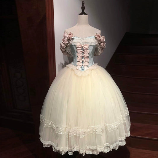 Exquisite A-Line Off Shoulder Layered Tulle Sweet 16th Gowns Handmade Flowers Bows Lace Prom Dress AP4849