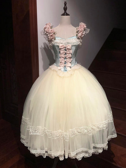Exquisite A-Line Off Shoulder Layered Tulle Sweet 16th Gowns Handmade Flowers Bows Lace Prom Dress AP4849