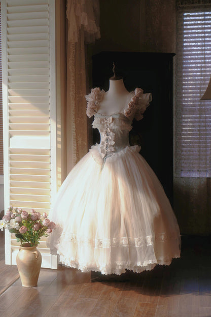 Exquisite A-Line Off Shoulder Layered Tulle Sweet 16th Gowns Handmade Flowers Bows Lace Prom Dress AP4849