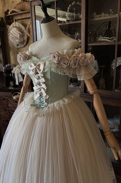 Exquisite A-Line Off Shoulder Layered Tulle Sweet 16th Gowns Handmade Flowers Bows Lace Prom Dress AP4849