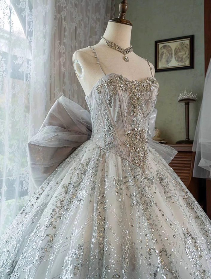 Lovely A-Line Spaghetti Strap Beading Sweet 16th Evening Dresses Sequins Bow Rhinestones Prom Dress AP4850