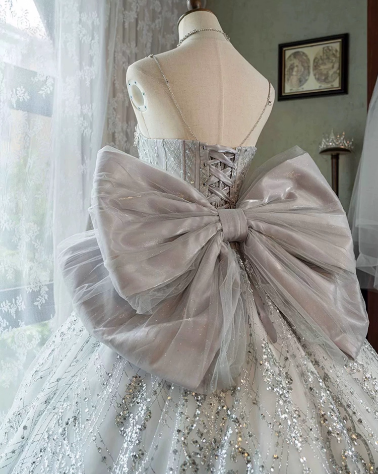 Lovely A-Line Spaghetti Strap Beading Sweet 16th Evening Dresses Sequins Bow Rhinestones Prom Dress AP4850