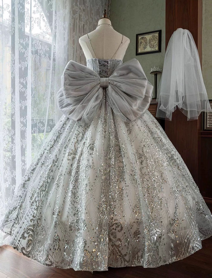 Lovely A-Line Spaghetti Strap Beading Sweet 16th Evening Dresses Sequins Bow Rhinestones Prom Dress AP4850