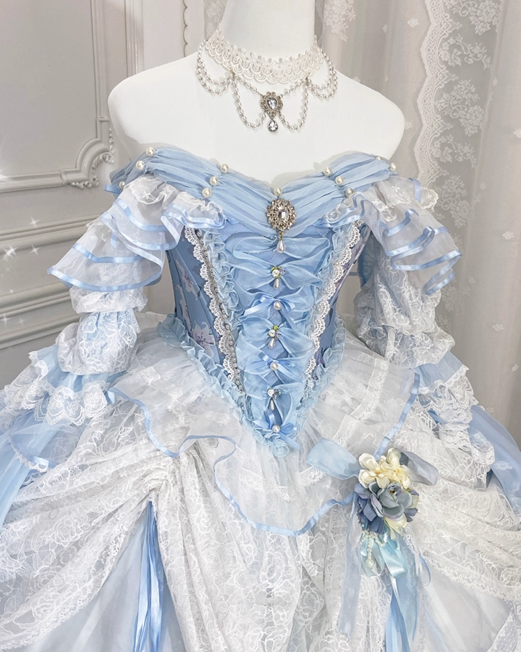 Beautiful Off-Shoulder Tiered A-Line Evening Gowns Lace Bow Beads Handmade Flower Long Sleeve Prom Dress AP4852