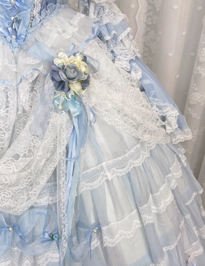 Beautiful Off-Shoulder Tiered A-Line Evening Gowns Lace Bow Beads Handmade Flower Long Sleeve Prom Dress AP4852