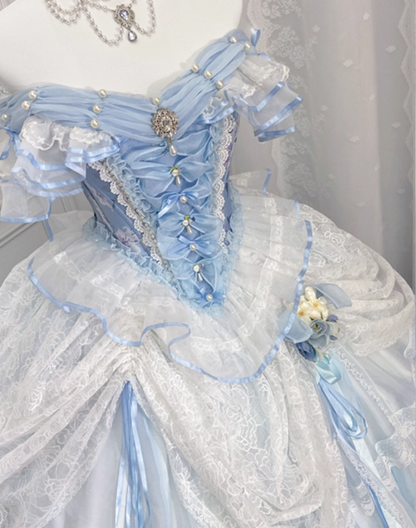 Beautiful Off-Shoulder Tiered A-Line Evening Gowns Lace Bow Beads Handmade Flower Long Sleeve Prom Dress AP4852