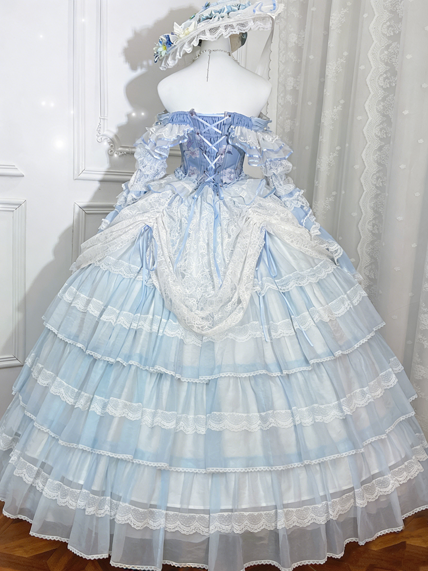 Beautiful Off-Shoulder Tiered A-Line Evening Gowns Lace Bow Beads Handmade Flower Long Sleeve Prom Dress AP4852