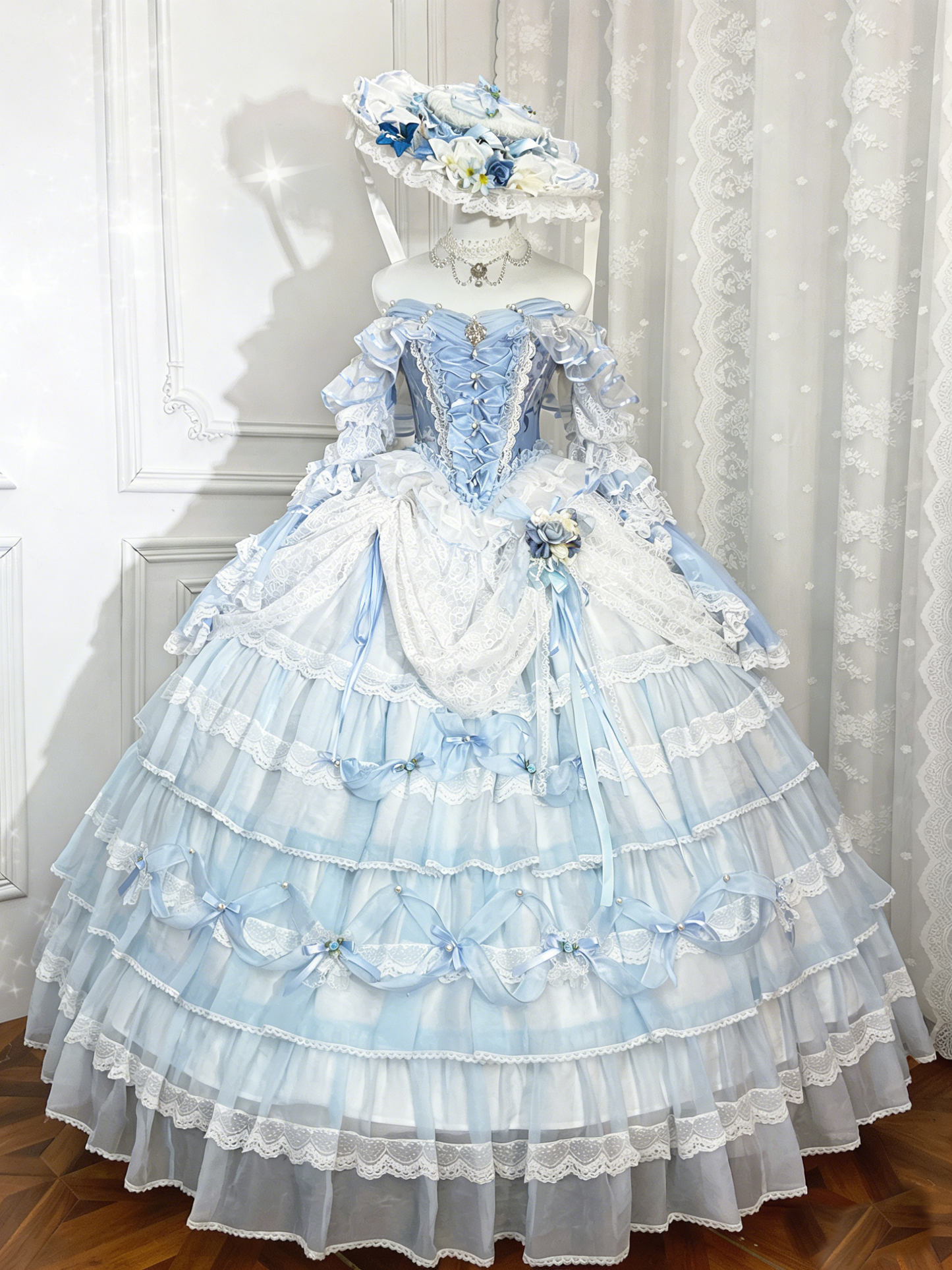 Beautiful Off-Shoulder Tiered A-Line Evening Gowns Lace Bow Beads Handmade Flower Long Sleeve Prom Dress AP4852