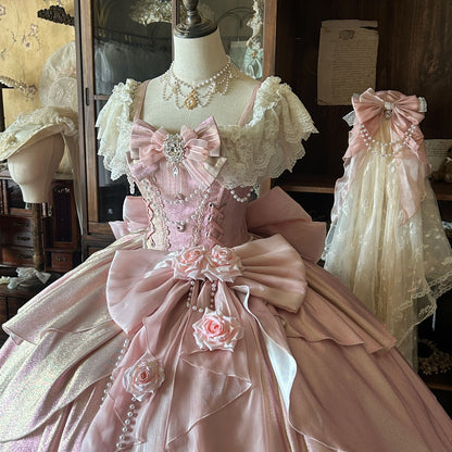 Y2K Style A-Line Square Neck Beading Sweet 16th Gowns Lace Crystal Bow Handmade Flower Prom Dress AP4774