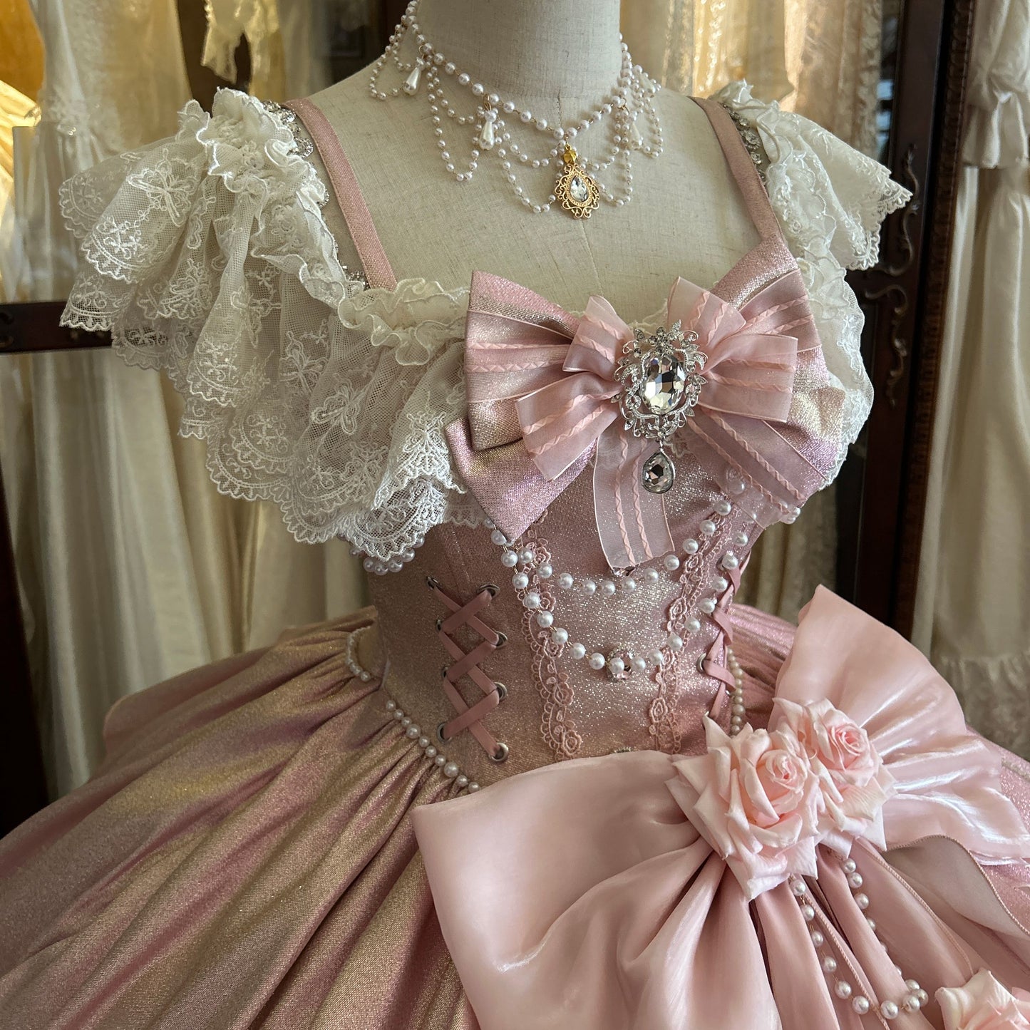 Y2K Style A-Line Square Neck Beading Sweet 16th Gowns Lace Crystal Bow Handmade Flower Prom Dress AP4774
