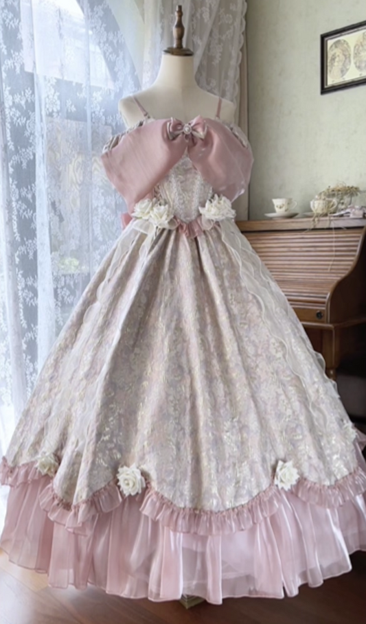 Appealing A-Line Off-Shoulder Handmade Flowers Sweet 16th Gowns Jacquard Lace Bow Prom Dress AP4857