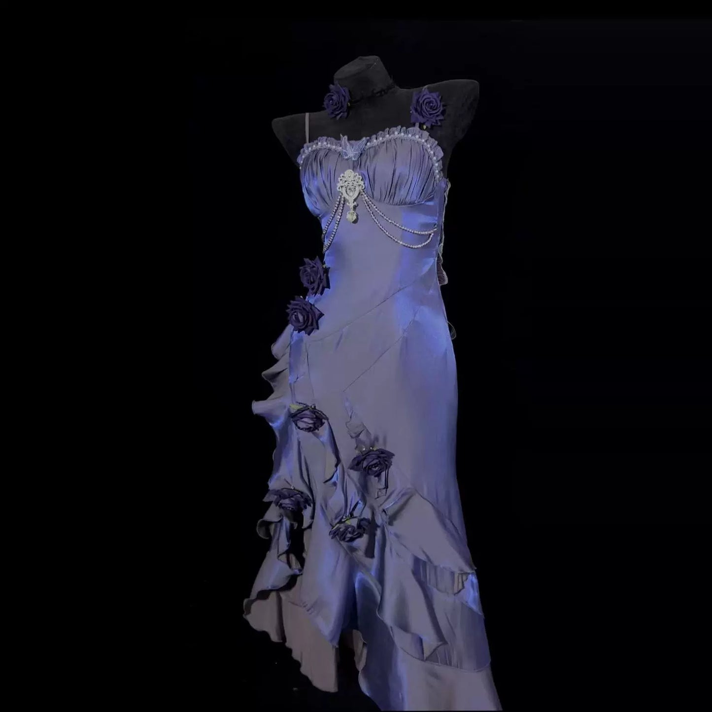 Enticing Sheath Spaghetti Strap Ruffled Evening Dress Handmade Flowers Beading Crystal Prom Dress AP4860