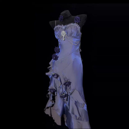 Enticing Sheath Spaghetti Strap Ruffled Evening Dress Handmade Flowers Beading Crystal Prom Dress AP4860