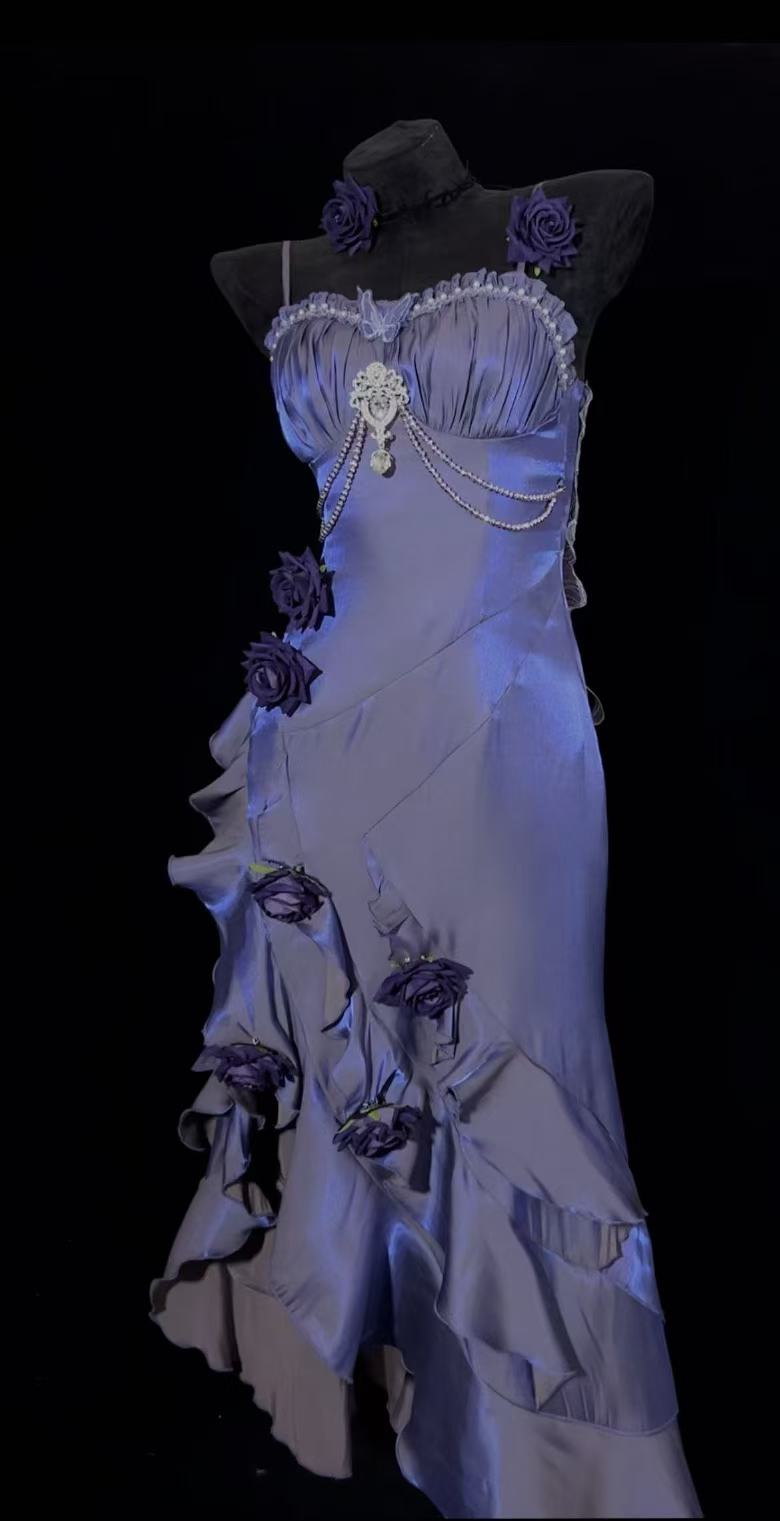 Enticing Sheath Spaghetti Strap Ruffled Evening Dress Handmade Flowers Beading Crystal Prom Dress AP4860