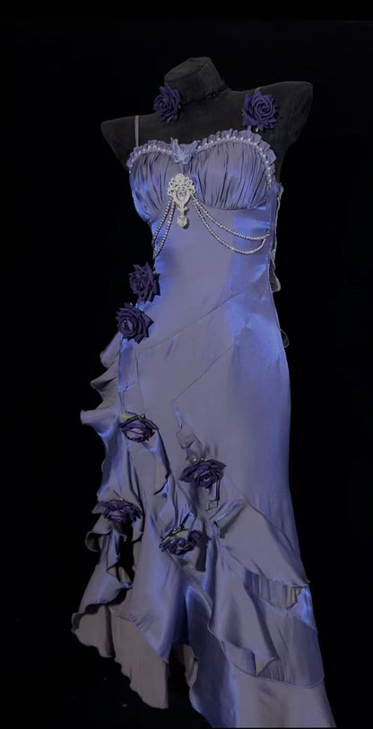 Enticing Sheath Spaghetti Strap Ruffled Evening Dress Handmade Flowers Beading Crystal Prom Dress AP4860